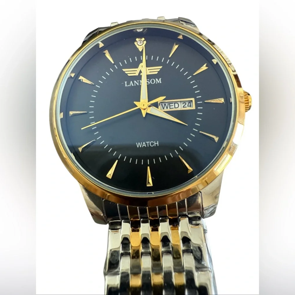 Lanmson Men’s waterproof watch steel, silver and gold tones with a black face